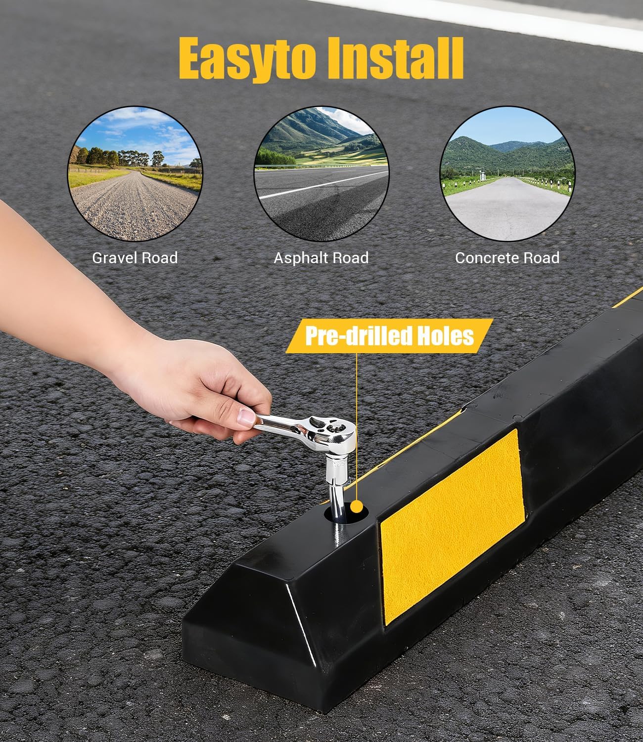 72 Inch Rubber Parking Curb, Heavy Duty Parking Stopper | 55,000 LBS Capacity, Reflective Wheel Stopper for Garage