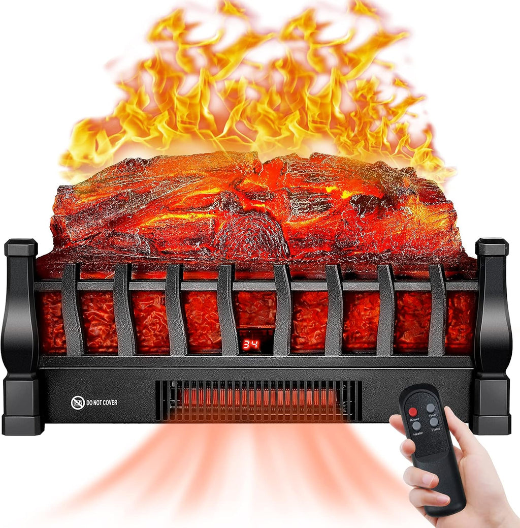 Electric Fireplace Logs Inserts Heater with Remote Control for Home Decor | 5 Flame Brightness, 24H Timer
