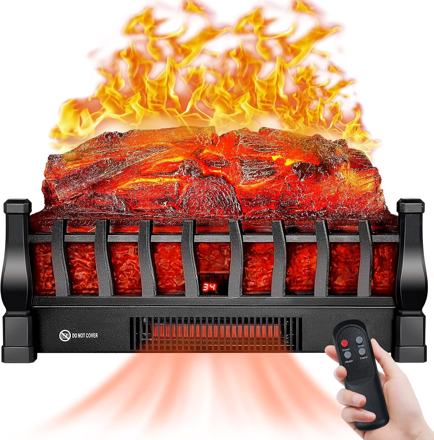 Electric Fireplace Logs Inserts Heater with Remote Control for Home Decor | 5 Flame Brightness, 24H Timer