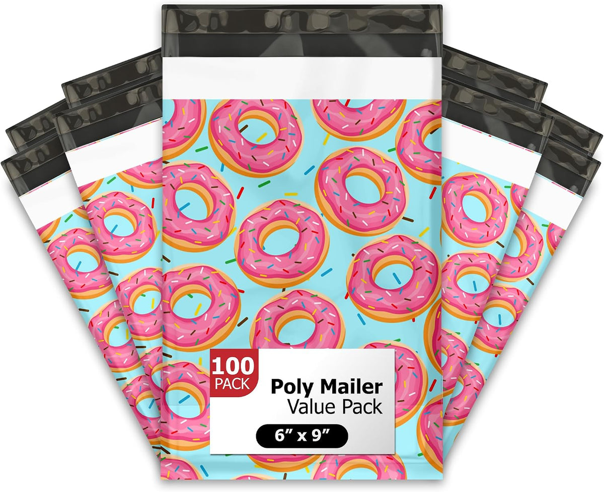 6x9 (100) Sprinkled Donuts Designer Poly Mailers Shipping Envelopes Premium Printed Bags