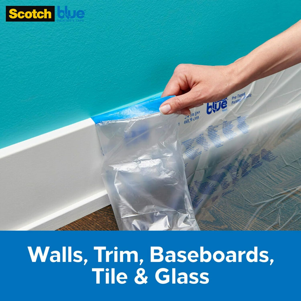 Pre Plastic Painters Tape, 24 in x 30yd, Tape & Masking Film Combined in One Product, Static Cling to Stay in One