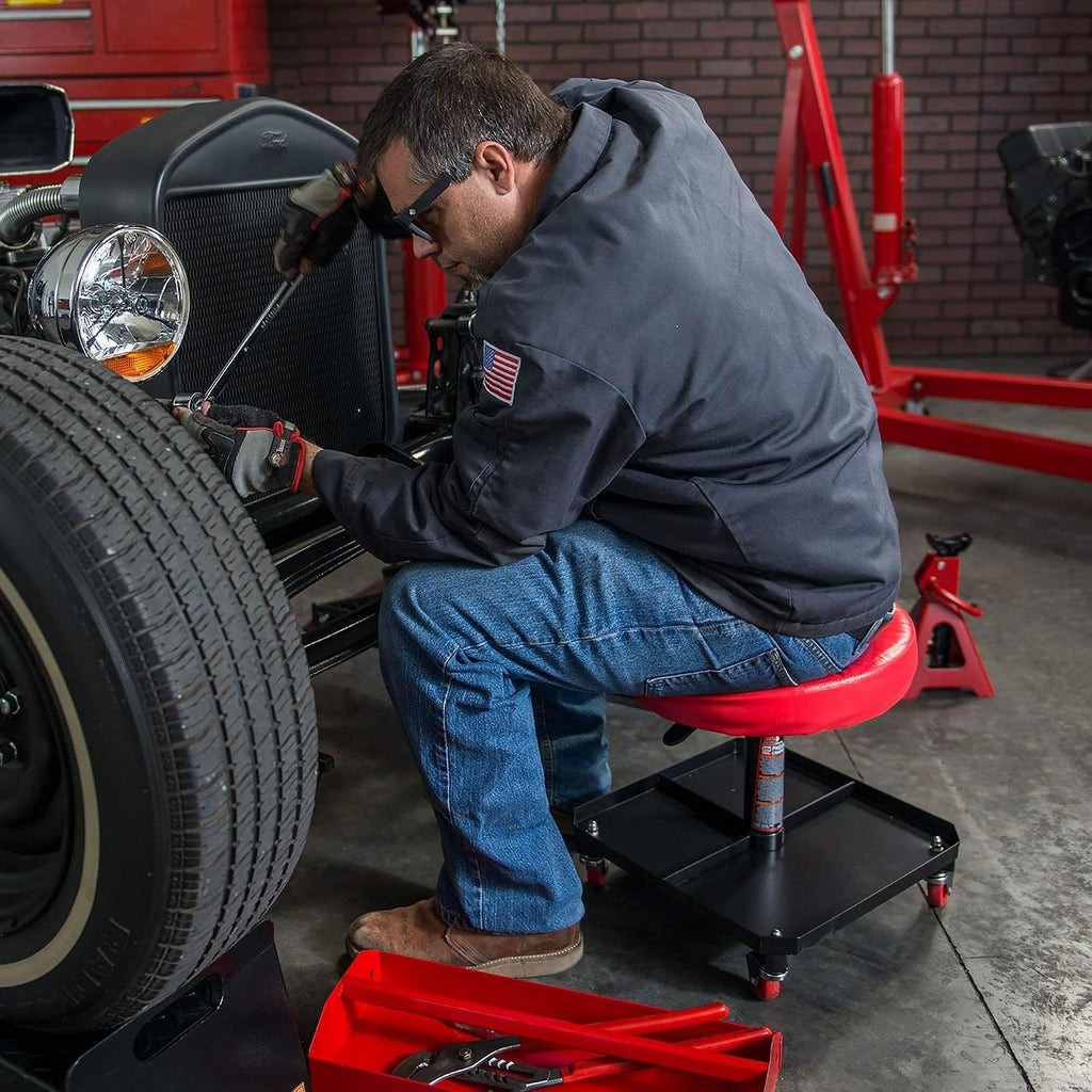 TR6350 Torin Rolling Pneumatic Creeper Garage/Shop Seat: Padded Adjustable Mechanic Stool with Tool Tray Storage, Red
