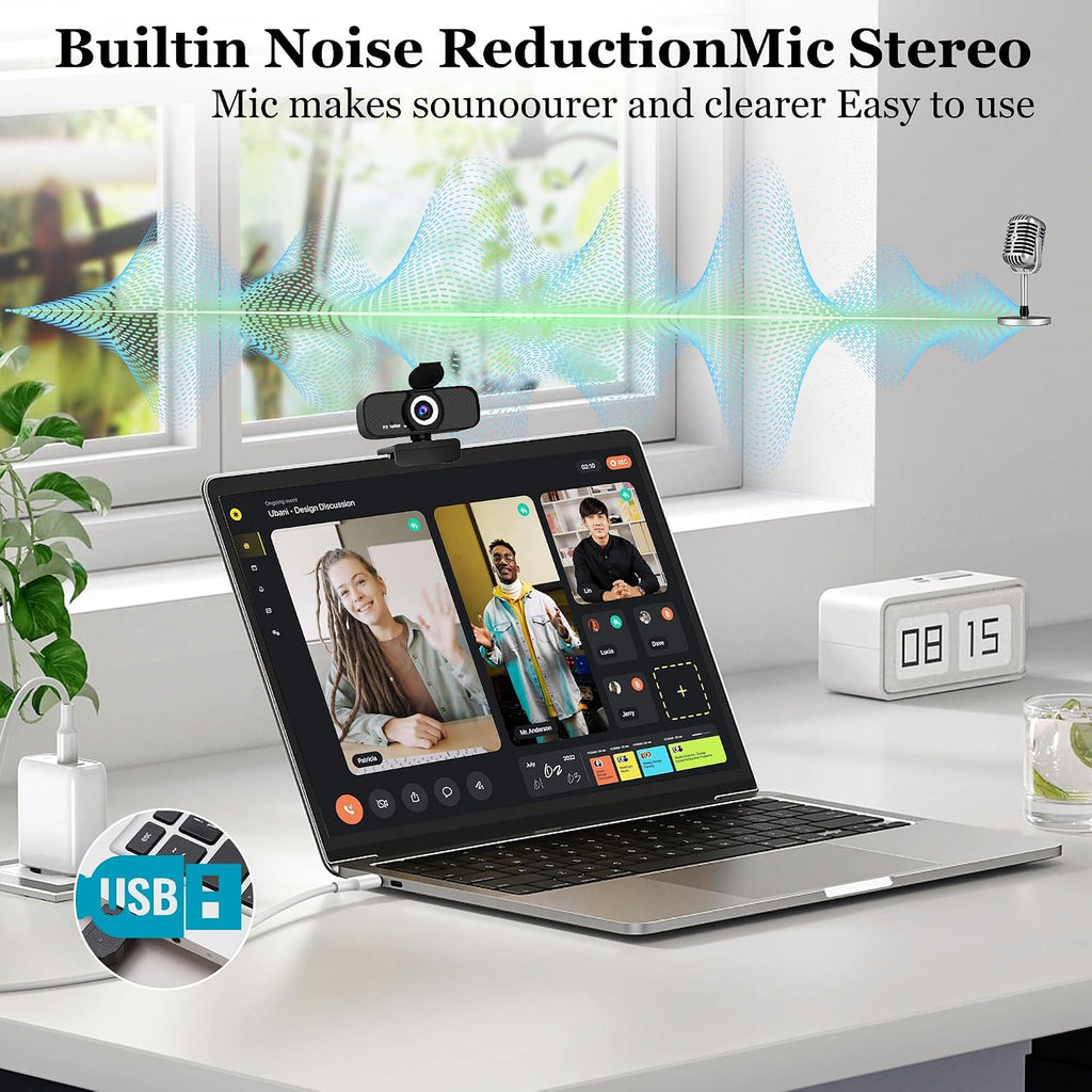 Full HD 1080P Webcam, Black, with Privacy Cover, Noise Cancellation, Auto Focus