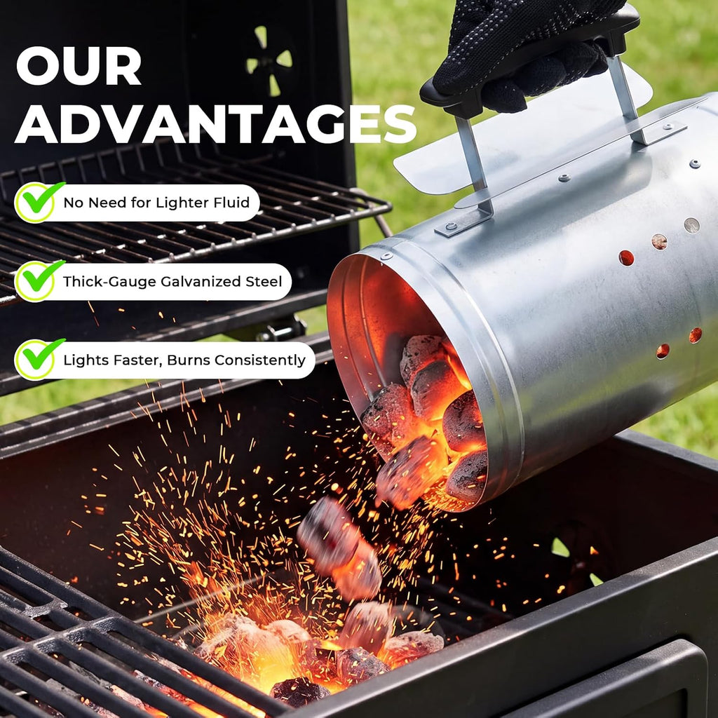 BBQ Charcoal Chimney Starter Set with Cubes, Air Blower and Mitts