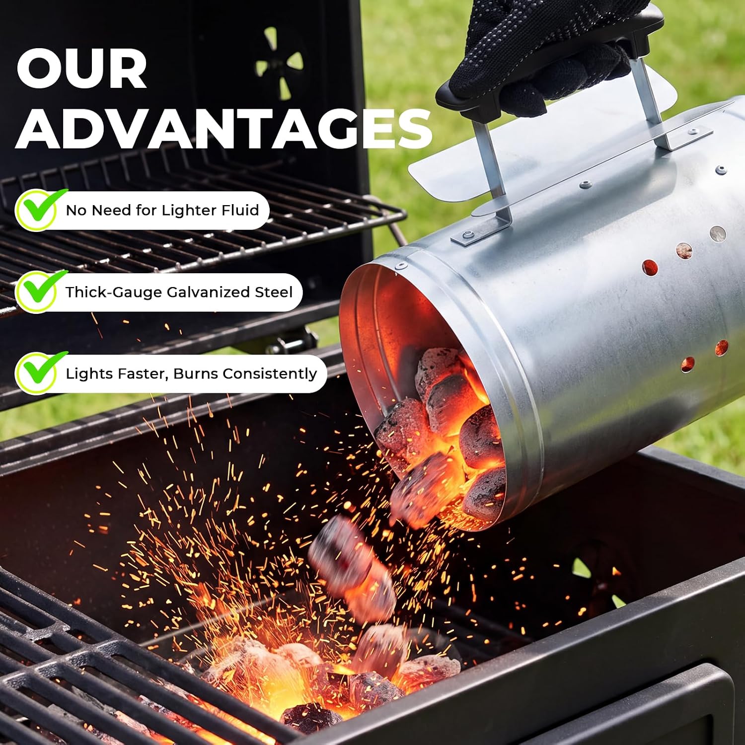 BBQ Charcoal Chimney Starter Set with Cubes, Air Blower and Mitts