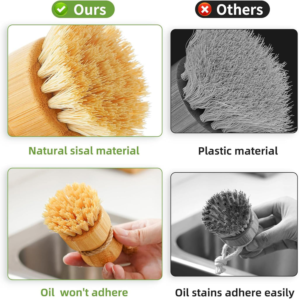 Bamboo Dish Scrub Brushes,Kitchen Wooden Cleaning Scrubbers Set for Washing Cast Iron Pan/Pot, Natural Sisal