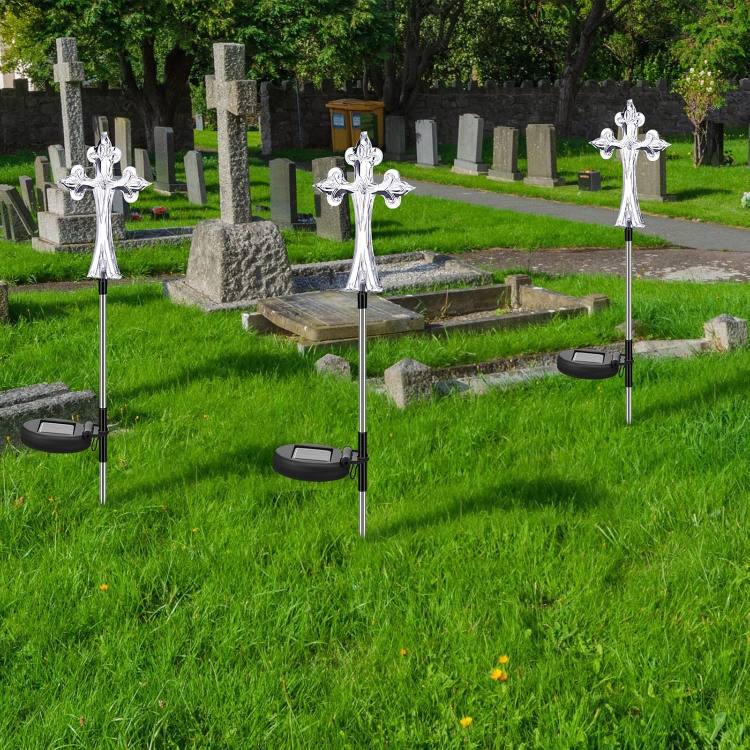 4 Pcs Solar Cross Lights Cemetery Memorial Stake 16 Inch,Cross