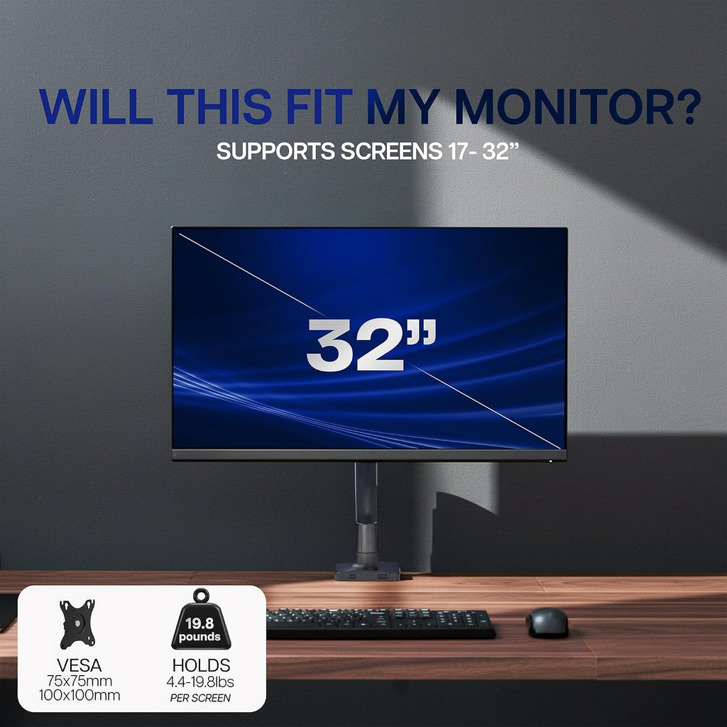 Single Monitor Stand, Fully Adjustable Arm for 17 to 32 inch Screen, Mechanical Articulating Desk Mount, Gaming and