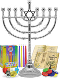 Hanukkah Menorah Complete Set - Menorahs for Chanukah - Includes Menorah, Hanukkah Candles, Dreidels, Play Coins