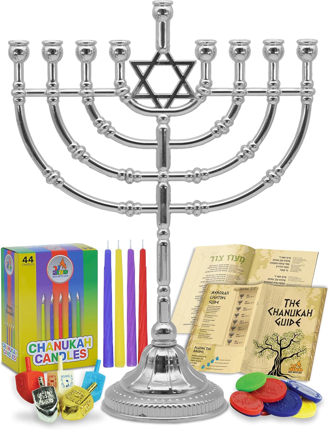 Hanukkah Menorah Complete Set - Menorahs for Chanukah - Includes Menorah, Hanukkah Candles, Dreidels, Play Coins