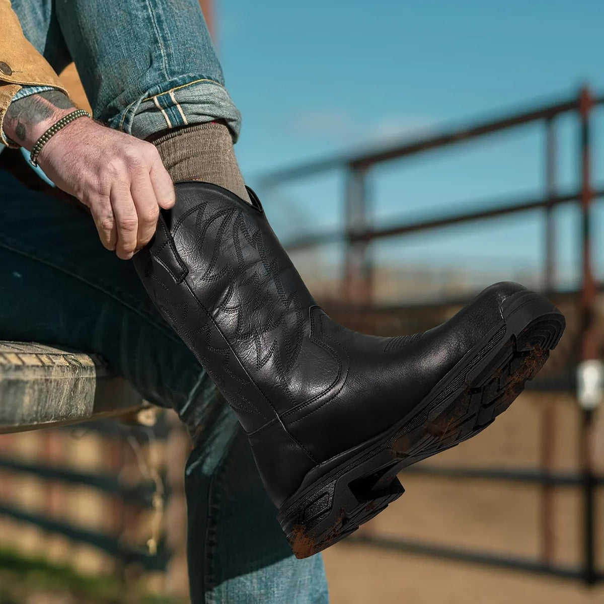 Steel Toe Cowboy Work Boots for Men Safety Square Toe Western Boot | ASTM Certified, Comfortable Leather Slip