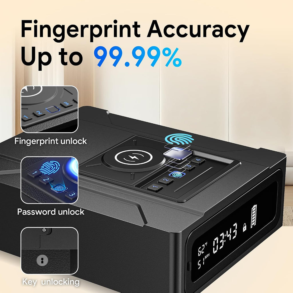 Bedside Gun Safe with Wireless Charging - Biometric Safe with Fast Fingerprint, Backup Key & USB-C Emergency Unlock