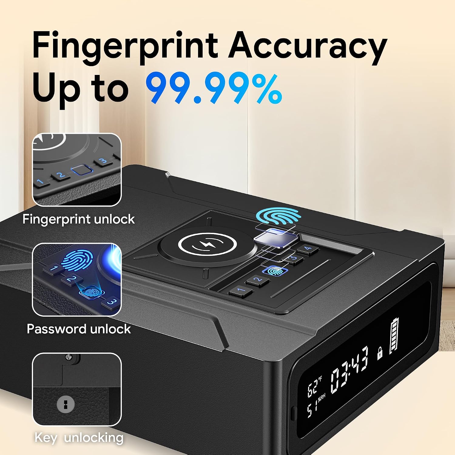 Bedside Gun Safe with Wireless Charging - Biometric Safe with Fast Fingerprint, Backup Key & USB-C Emergency Unlock