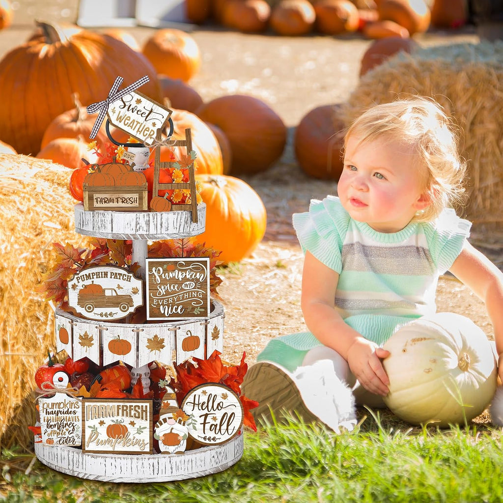 15 Pcs Thanksgiving Tiered Tray Decor Set Thanksgiving Decorations Fall Pumpkin Leaves Gnome Rustic Farmhouse Fall