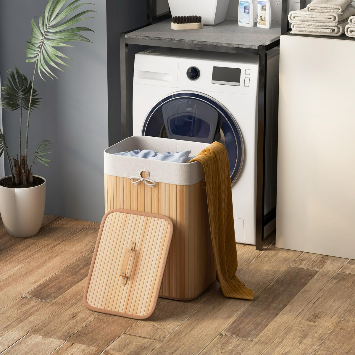Bamboo Laundry Hamper with Lid Removable Liner & Handles