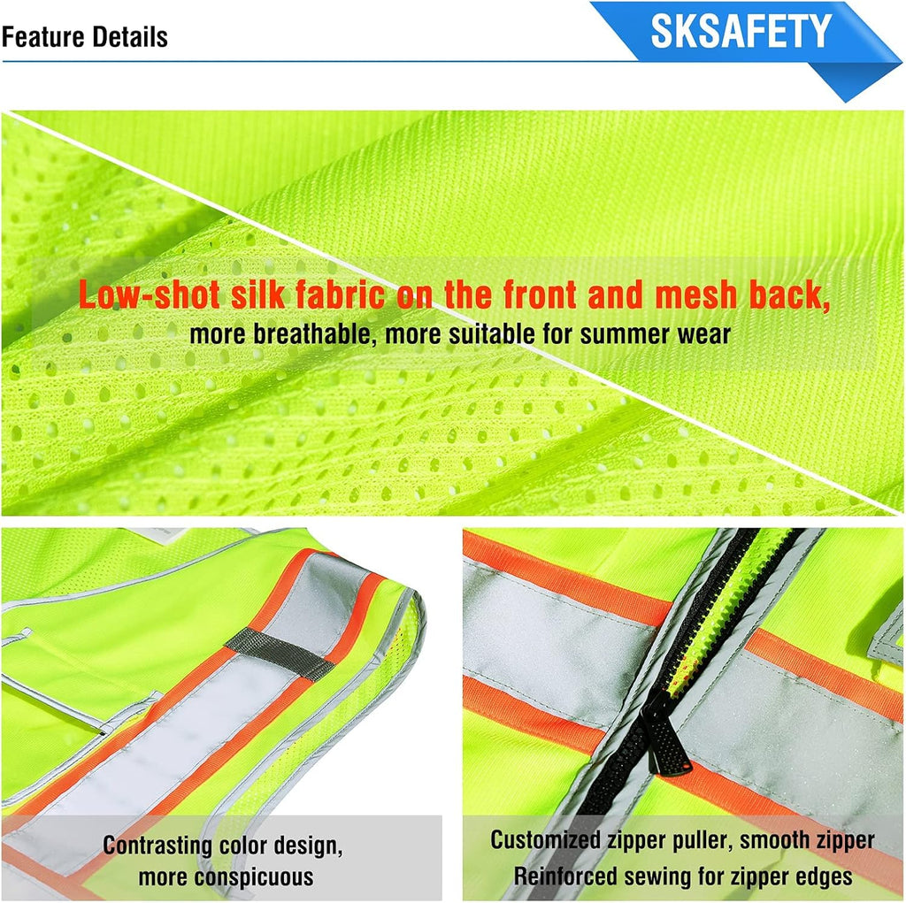 10 Pockets Safety Vest, Class 2 High Visibility Security with Zipper Back Mesh, Hi Vis Vest with Reflective Strips