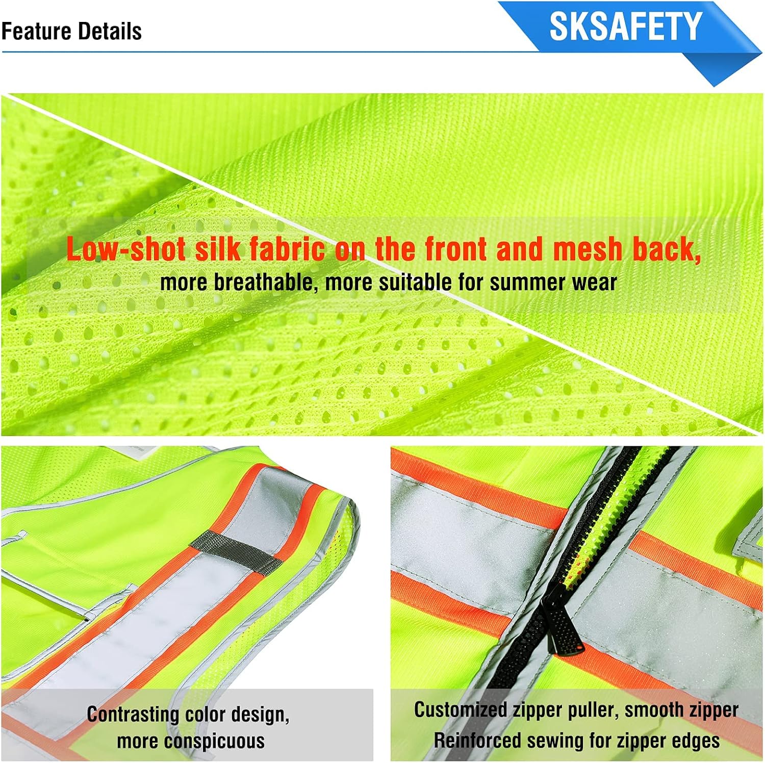 10 Pockets Safety Vest, Class 2 High Visibility Security with Zipper Back Mesh, Hi Vis Vest with Reflective Strips