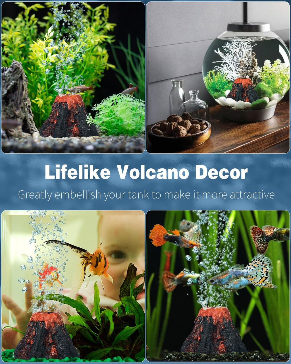Aquarium Volcano Ornament Kit Fish Tank Decoration Mini Resin Volcanic Decor for Fish Tank with Air Stone Bubbler