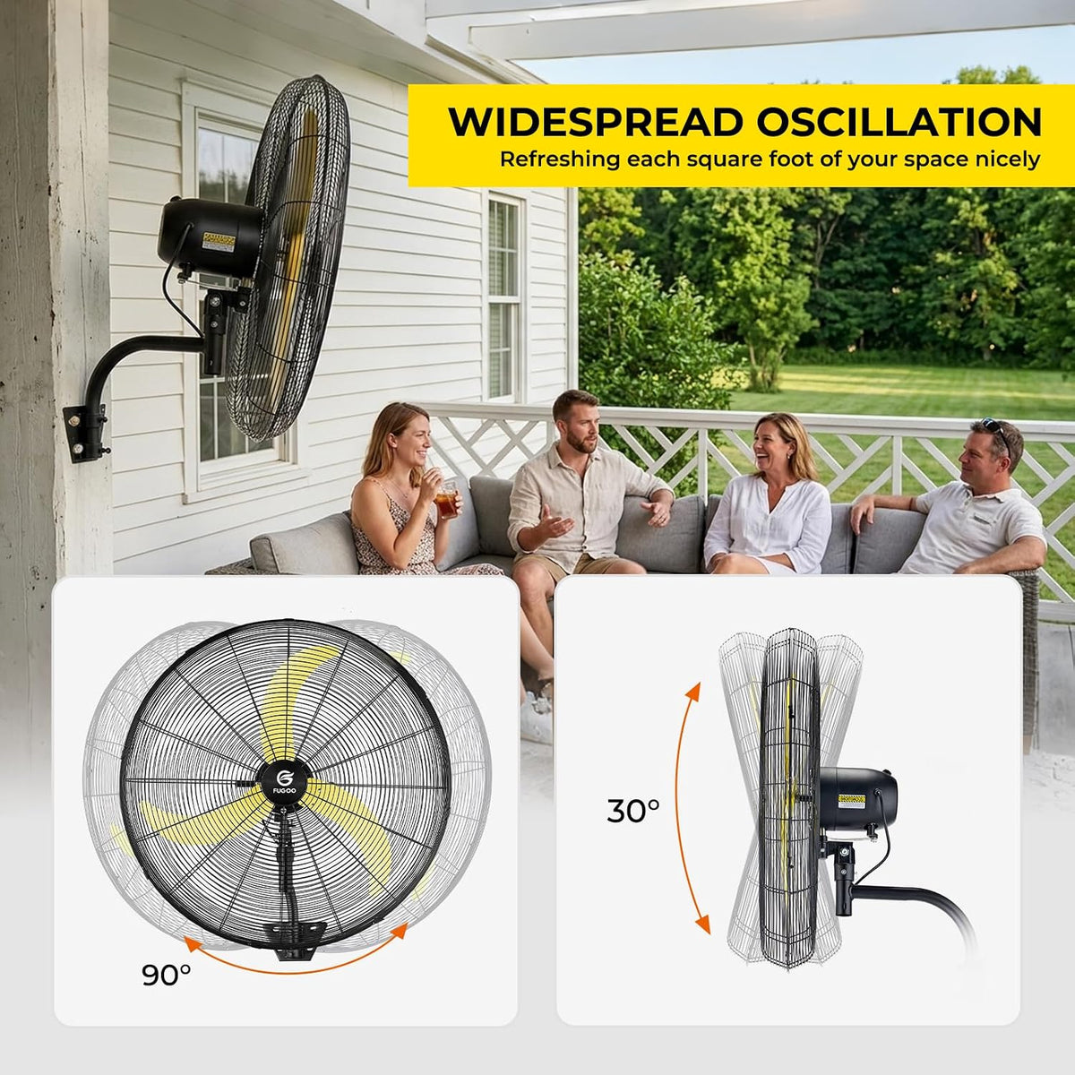 FUGOO 30" Heavy Duty Industrial Wall-Mounted Fan, BLDC Motor, Oscillating