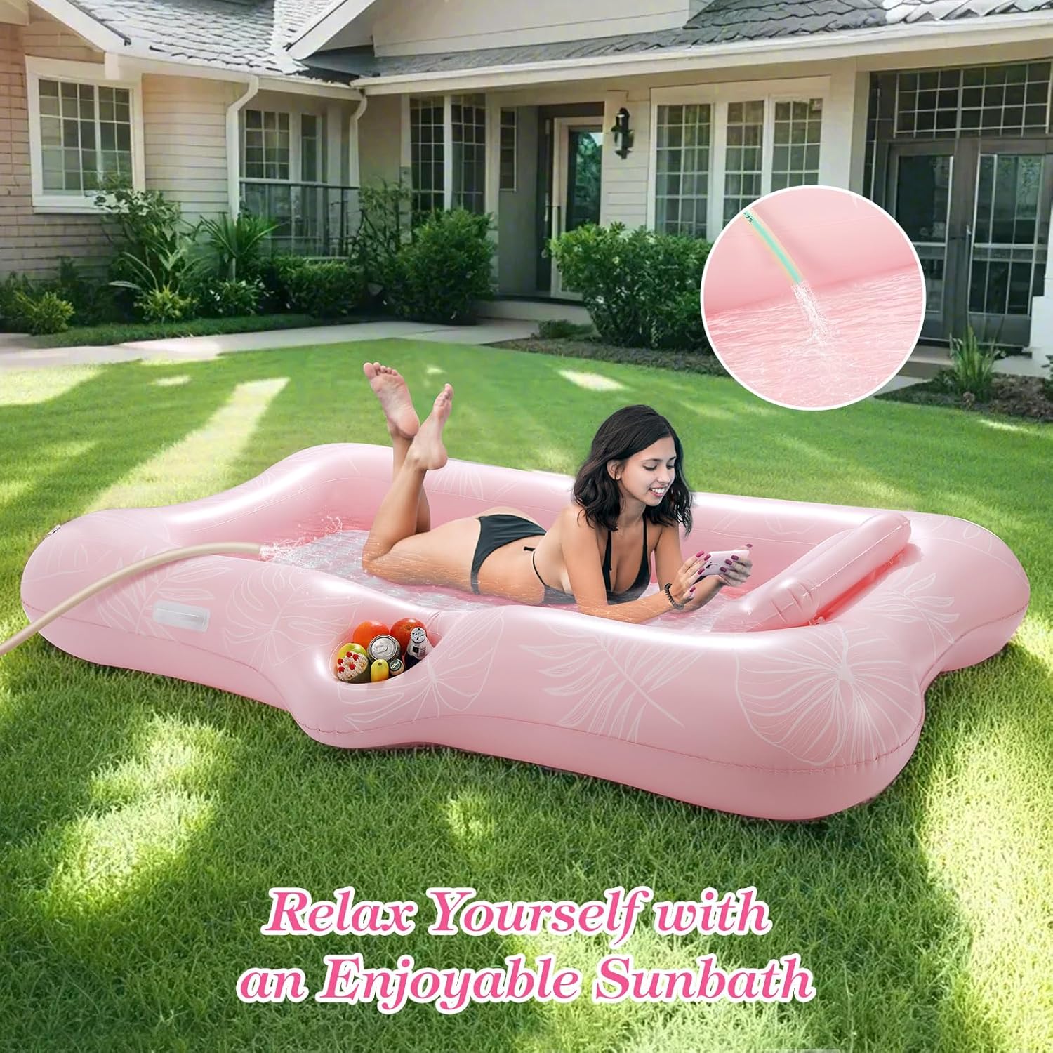 Pool Floats Adult, Large Floating Bed with Ice Bar, Tanning Bed Pool Raft Inflatable Lounger with Drink Holder