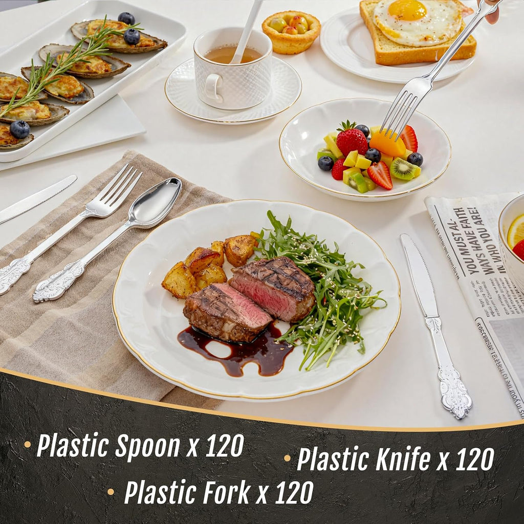 360 Pieces Silver Plastic Silverware- Disposable Flatware - Heavyweight Plastic Cutlery- Includes 120 Forks, 120