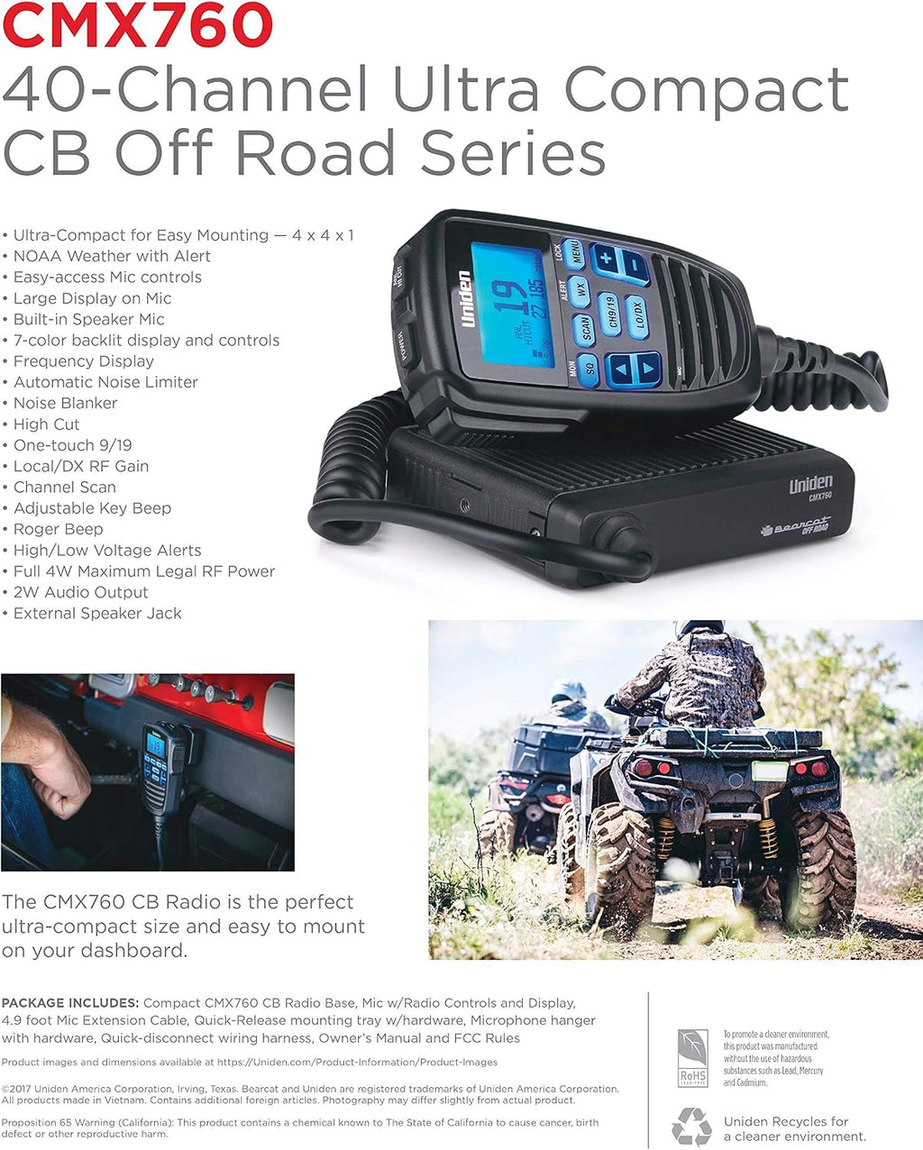 CMX760 Bearcat Off Road Series Compact Mobile CB Radio, 40-Channel Operation, Ultra-Compact for Easy Mounting, Large