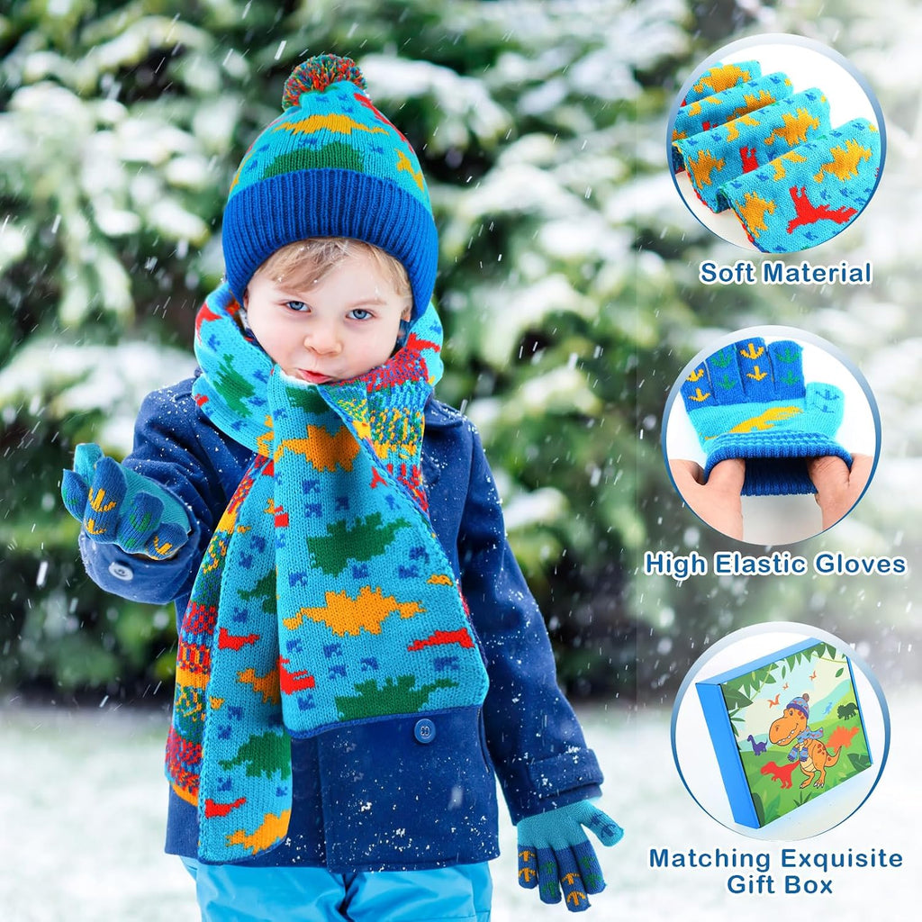 Kids Winter Hat Gloves Scarf Set Dinosaur Children Hat Beanie with Pom Winter Knit Neck Mittens for Boys Toddlers
