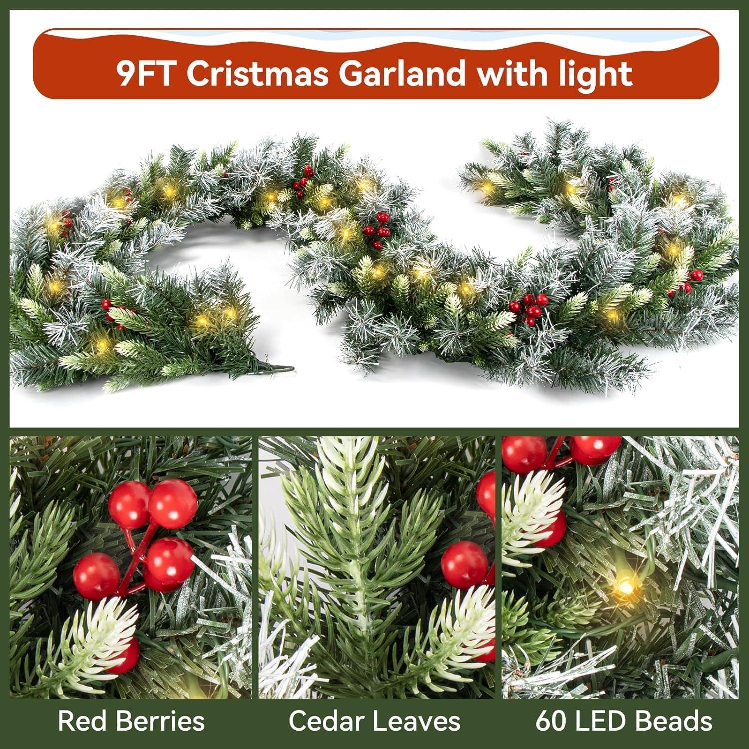 Christmas Garlands,2.7M/ 9FT Christmas Garland,Christmas Garland with Lights, and Berries