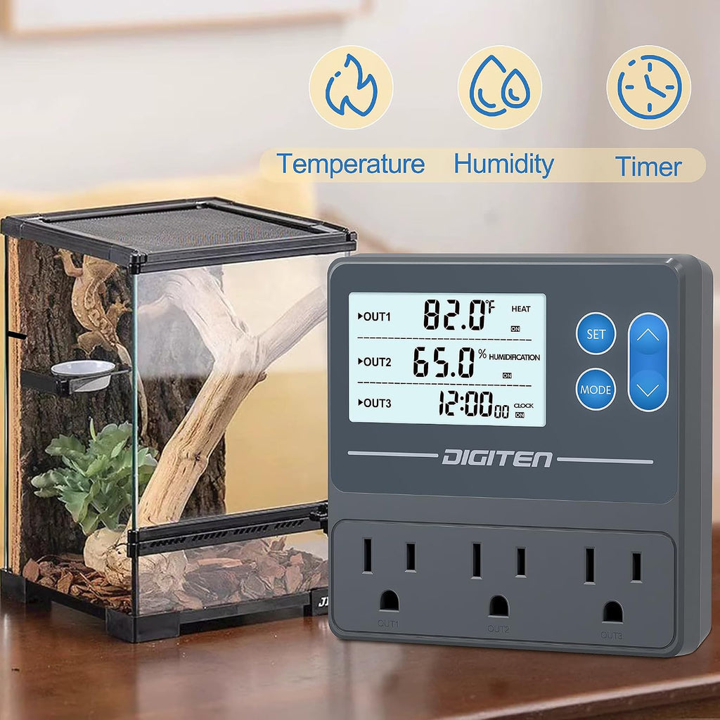 Digital Temperature Humidity Controller Pre-Wired Outlets for Mushroom, Reptile, Heating/Cooling On Outlet 1
