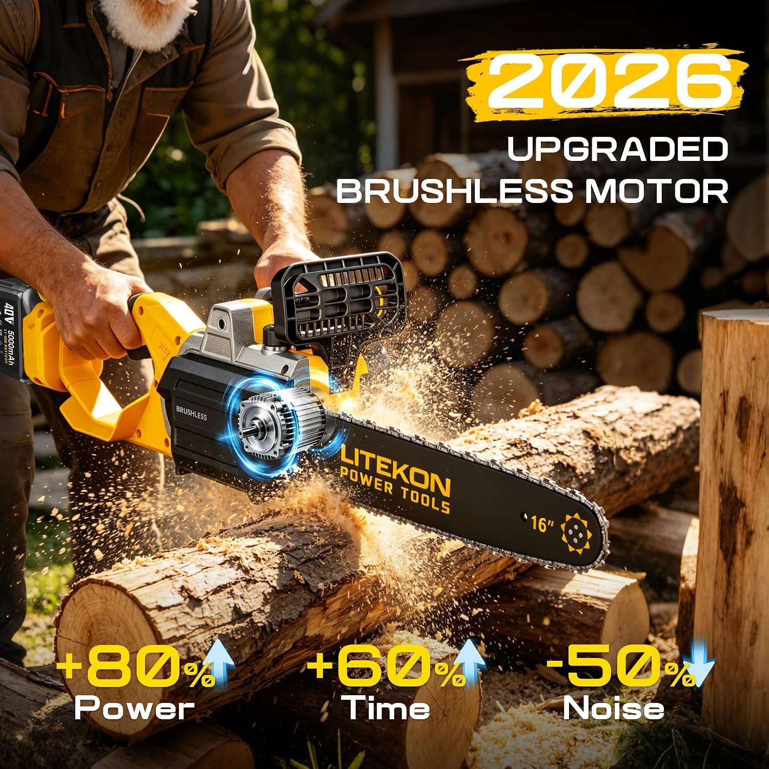 40V 16-Inch Cordless Chainsaw, Brushless Electric Chain Saws with 2×5.0Ah Batteries & Charger, 2800W Battery Powered