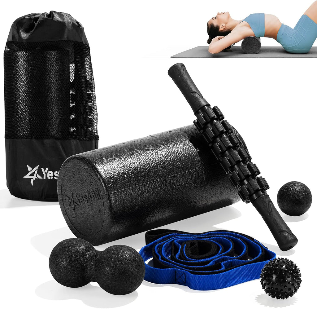 Foam Muscle Roller Set, 7-in-1 High-Density Set of Back Roller, Fascia Massage Tool, Stretch Strap, Spiky, Peanut &