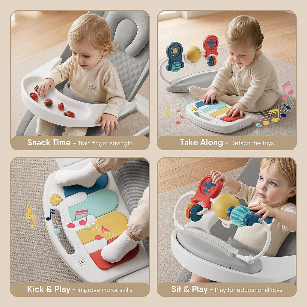 Baby Bouncer, Easy to Assemble Baby Bouncer Seat with Feeding Tray | 3 Adjustable Positions, Detachable Piano &