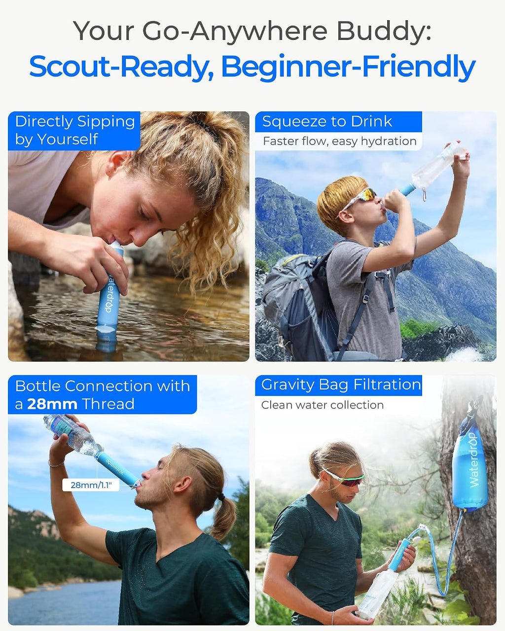 Gravity Water Filter Straw, Camping Water Filter, 0.1 Micron | Survival Water Purifier for Hiking, Backpacking &