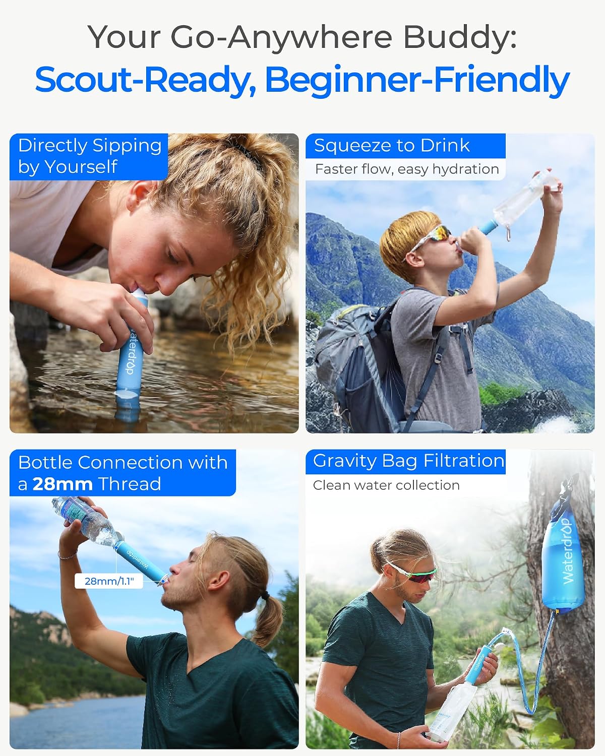 Gravity Water Filter Straw, Camping Water Filter, 0.1 Micron | Survival Water Purifier for Hiking, Backpacking &