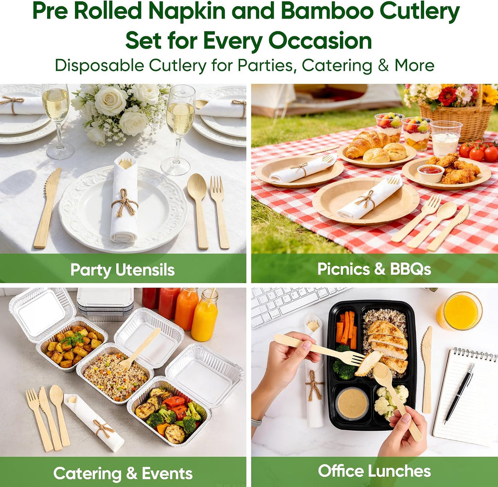 Pre-Rolled Bamboo Cutlery Set, Compostable Utensils with Napkins