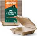 100% Compostable Clamshell Take Out Food Containers [8X8" 50-Pack] Heavy-Duty Quality to go Containers, Natural