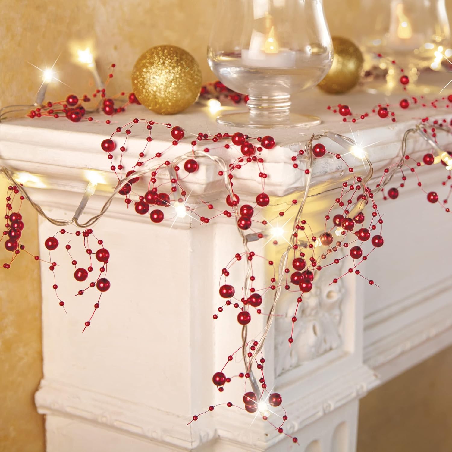 Indoor Christmas Decorations, Festive Lighted Berry Beaded Garland Red- 120" L