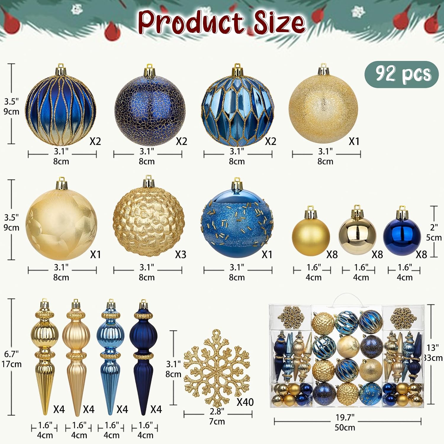 92ct Christmas Tree Decoration Set Christmas Ball Ornaments with Srtings Shatterproof Christmas Baubles for Christmas