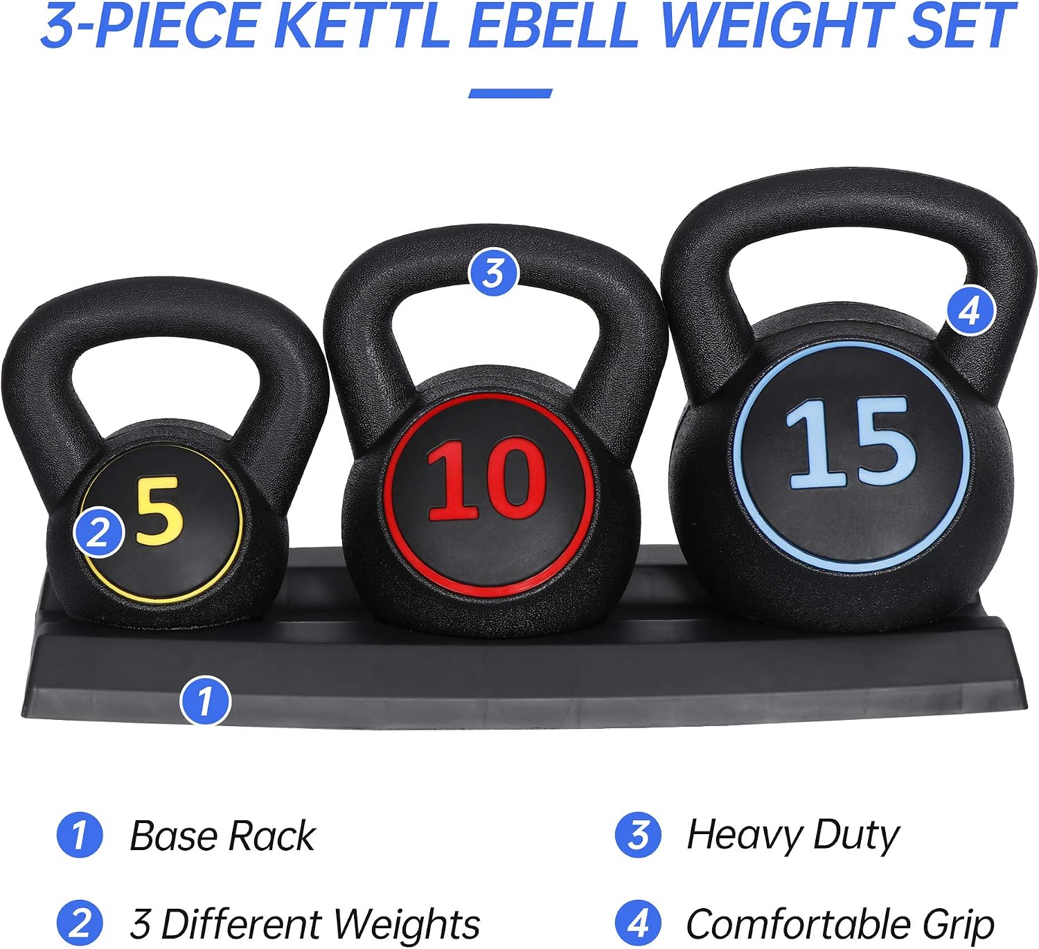 3-Piece Kettlebell Set, 5lb 10lb 15lb Cast Iron Kettlebells with Storage Rack, Anti-Slip Grip, Flat Bottom for Home