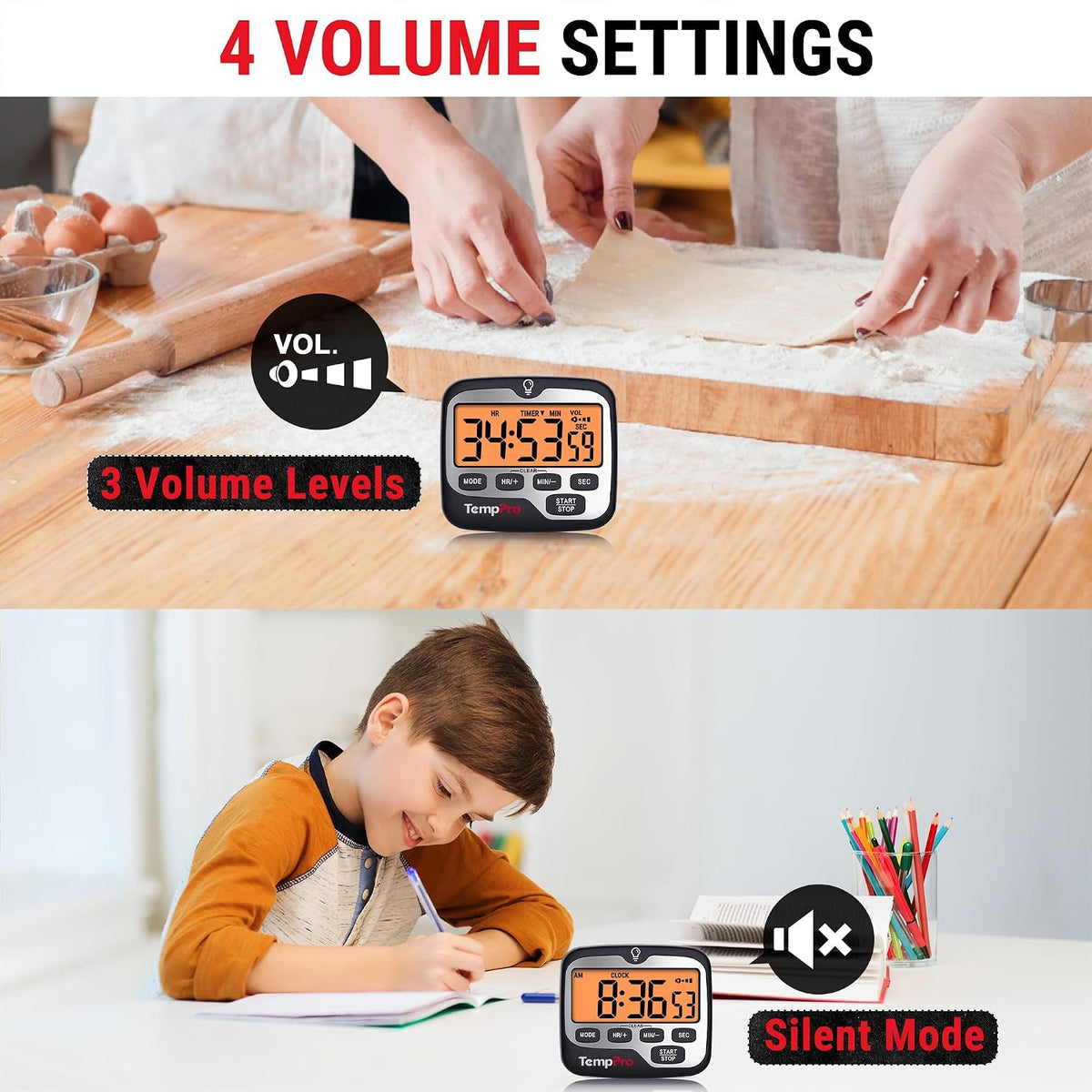 TM01 2-in-1 Kitchen Timers for Cooking with 12/24H Clock Mode