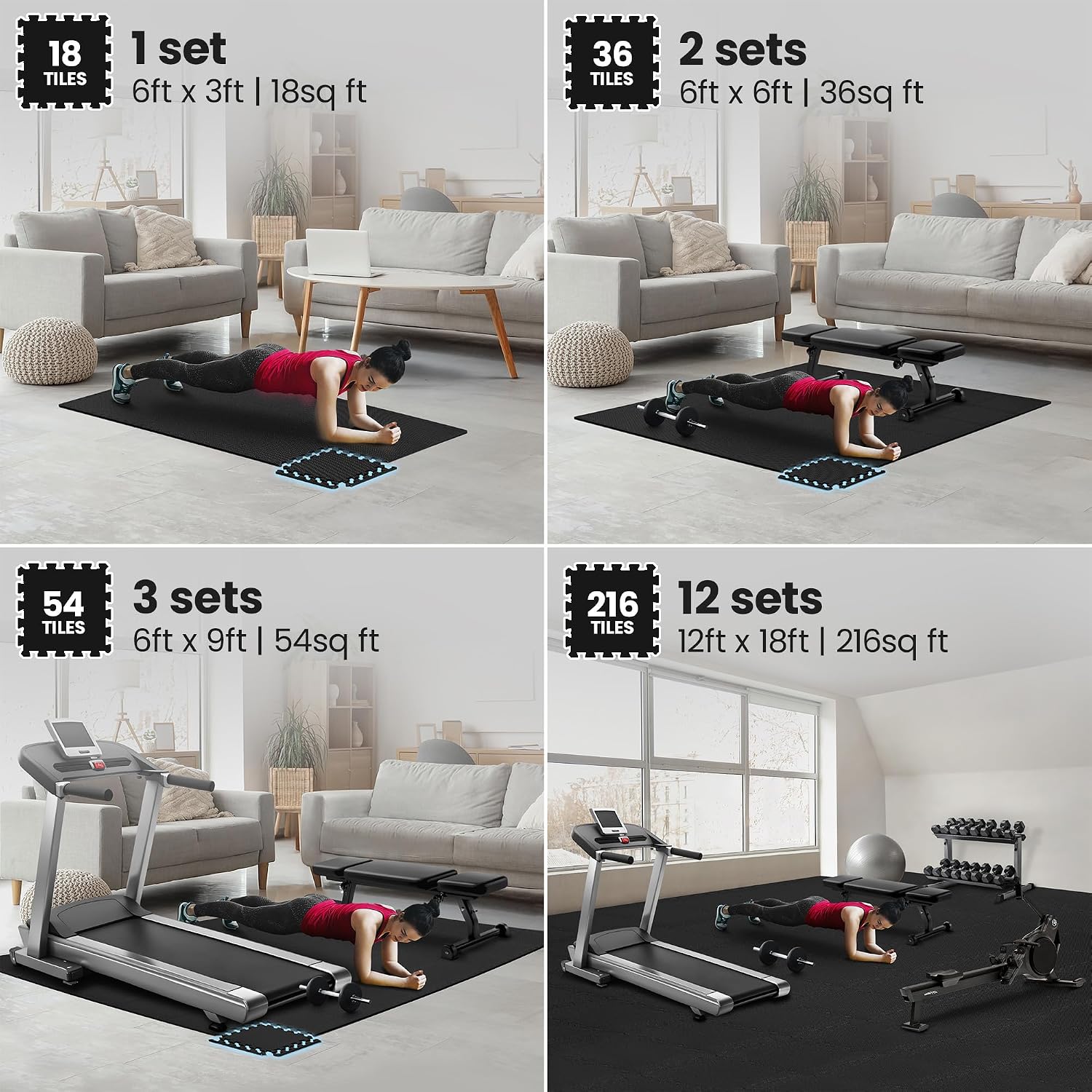 Gym Mats Set - EVA Interlocking Foam Floor Tiles (12.6"x12.6"x0.4") Protective Gym Flooring Sports Home Workout