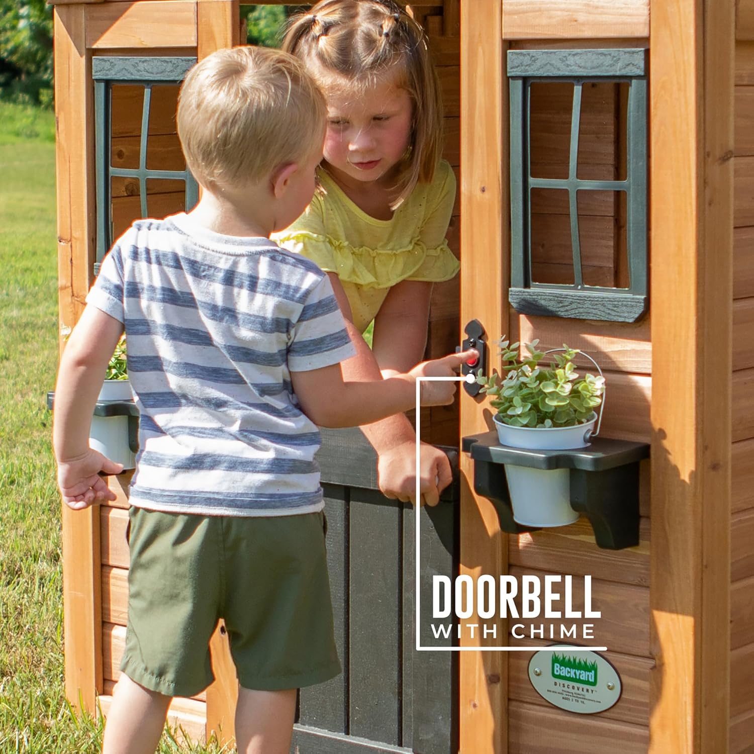 Backyard Discovery Sweetwater Cedar Wooden Kids Playhouse Cottage with Play Kitchen, Snack Bar, Half Door, Toy Phone