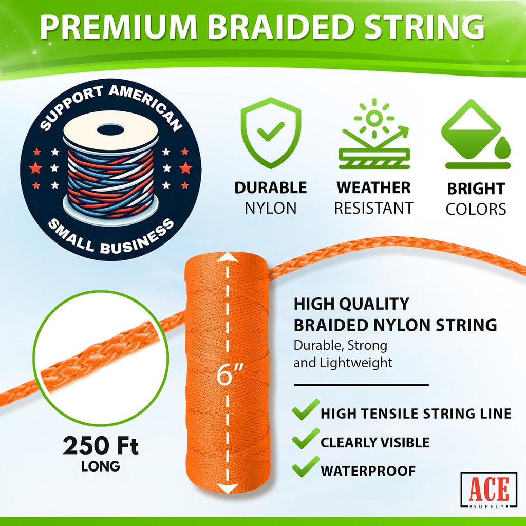 Orange Mason Line String Line - #18 Braided Nylon String - 250 Ft Length - Nylon Twine for Gardening Or Masonry Tools