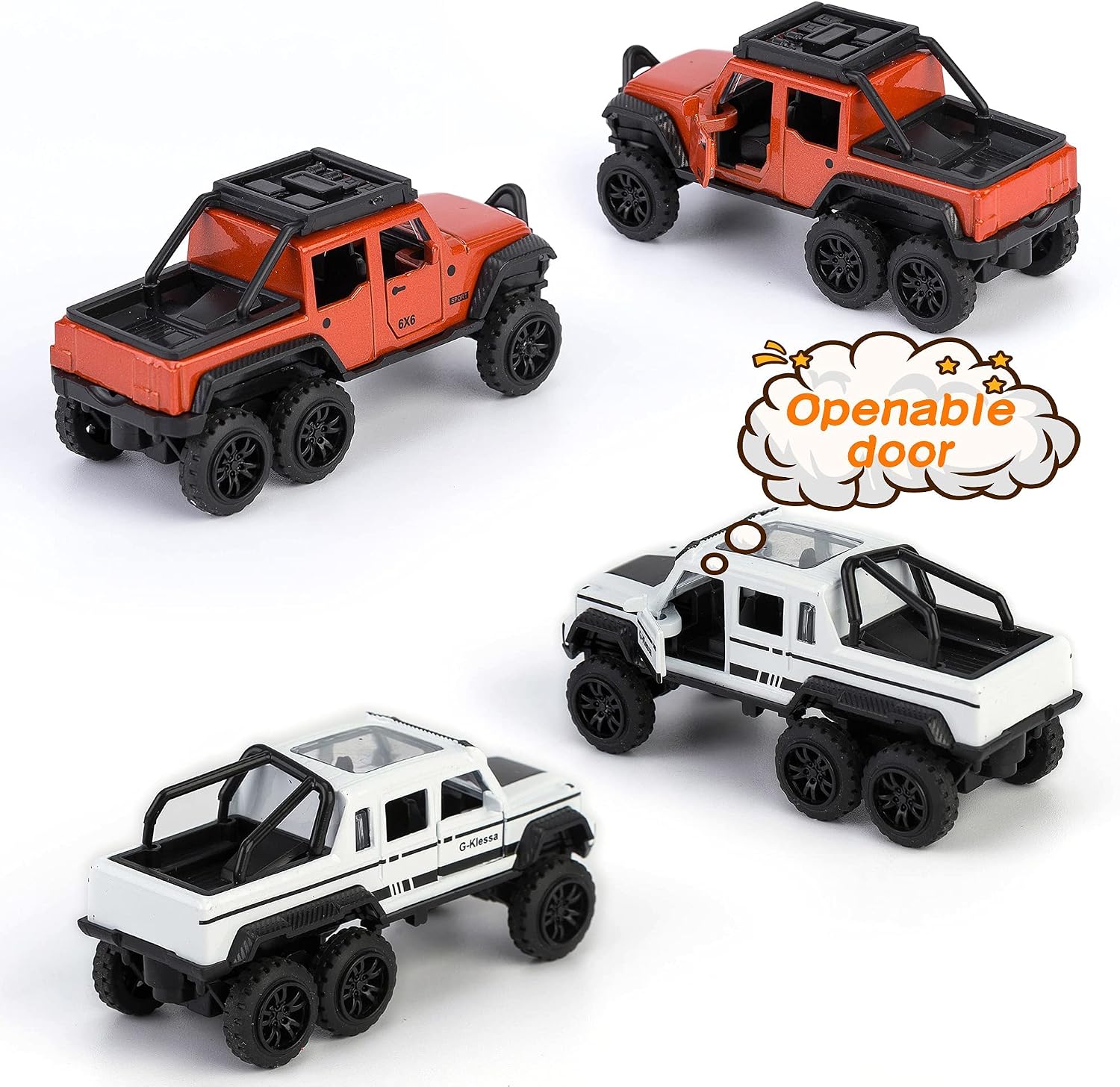 Pickup Trucks Open Door Die Cast Metal Toy Cars Pull Back Car 4 Pack | 1/64 Scale, Off-Road Trucks, Moving Parts