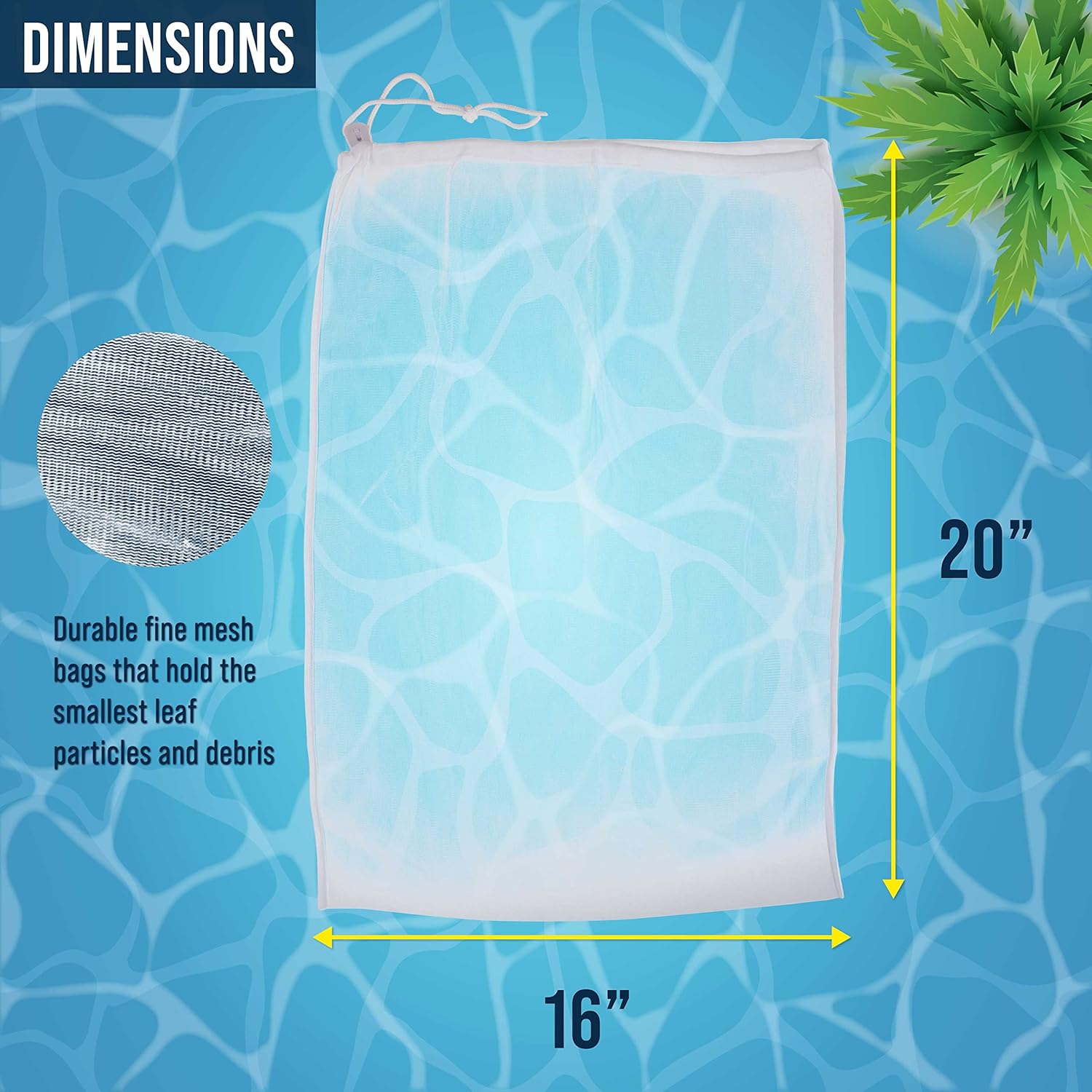 Fine Mesh Filter Bags for Leaf Vacuum Pool Cleaners, 2 Pack - Large 16" x 20" Replacement Net Bags, Locking Cord