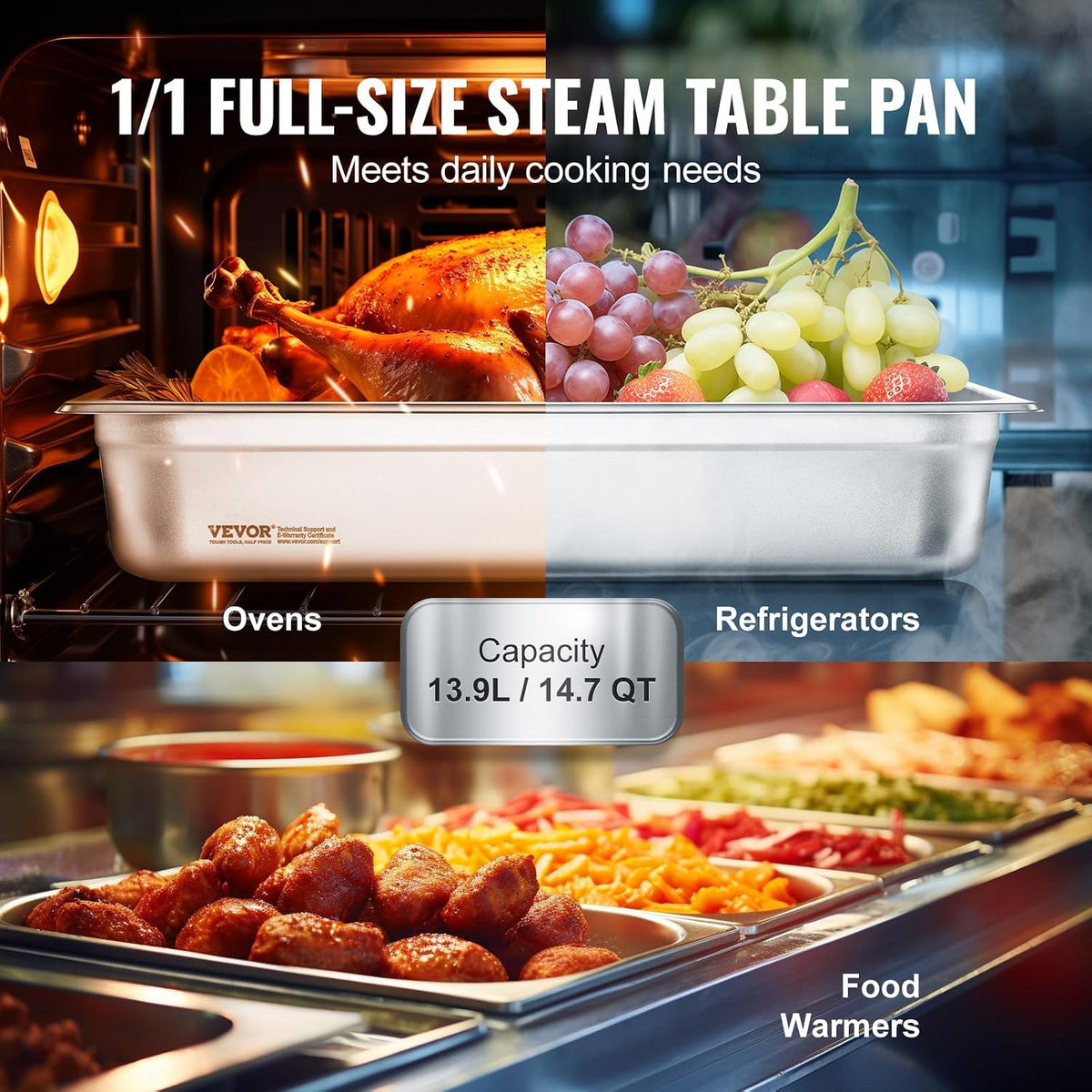 6 Pack Stainless Steel Hotel Pans,Full Size 4 Inch Deep 0.8mm Thick Anti-Jam Commercial Food Pans for Steam Tables