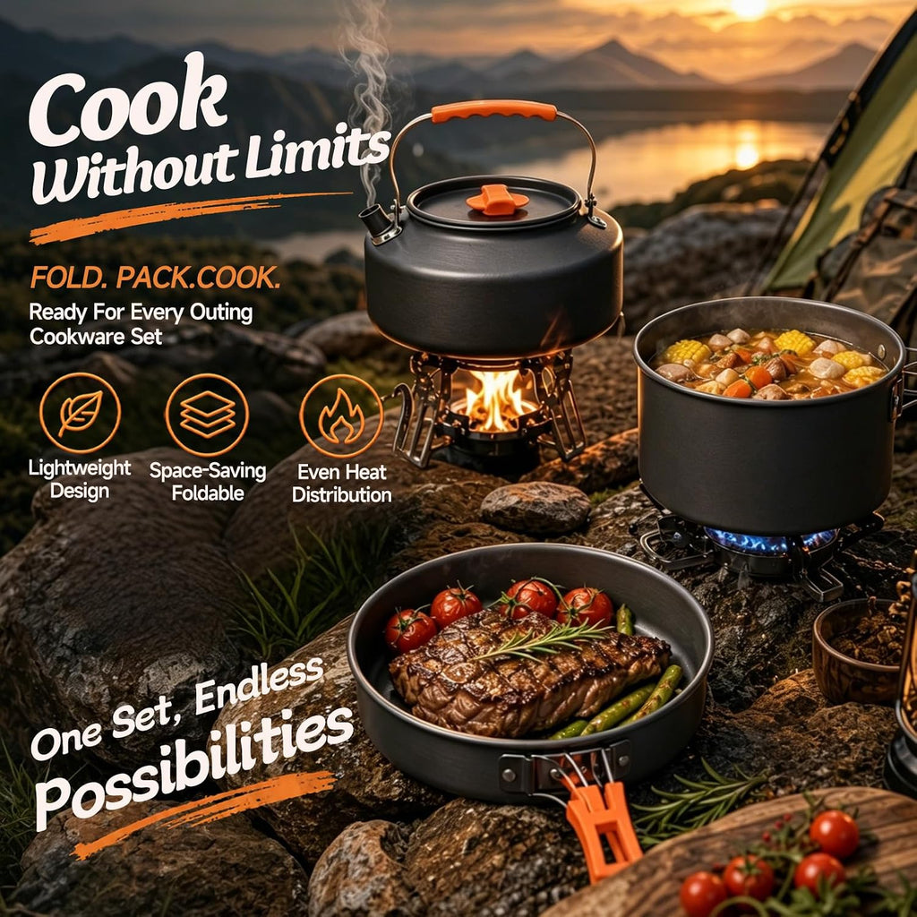 Camping Cookware, 10-Piece Non-Stick Foldable Mess Kit with Kettle | Crafted from durable anodized aluminum;
