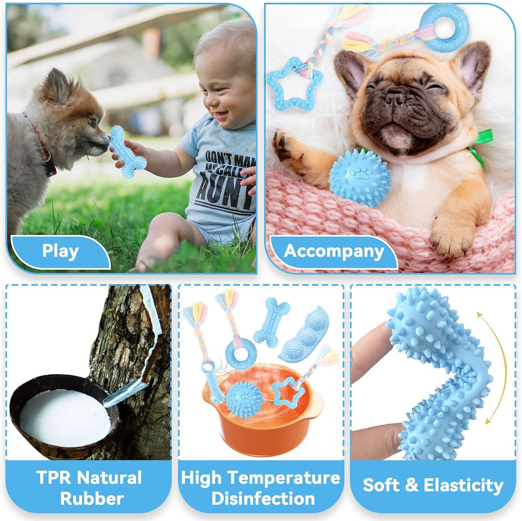6 Pack Puppy Chew Toys - Blue, Soft Rubber Rope & Bone Ball Teething Toys for Small Dogs & Puppies, Including Yorkie