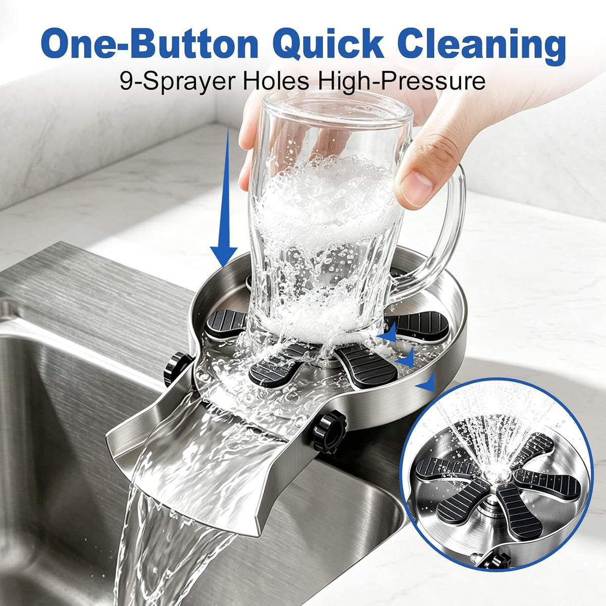 Stainless Steel Glass Rinser for Kitchen Sink with Removable Water Outake Port, Cup & Bottle Washer with Wide Spray