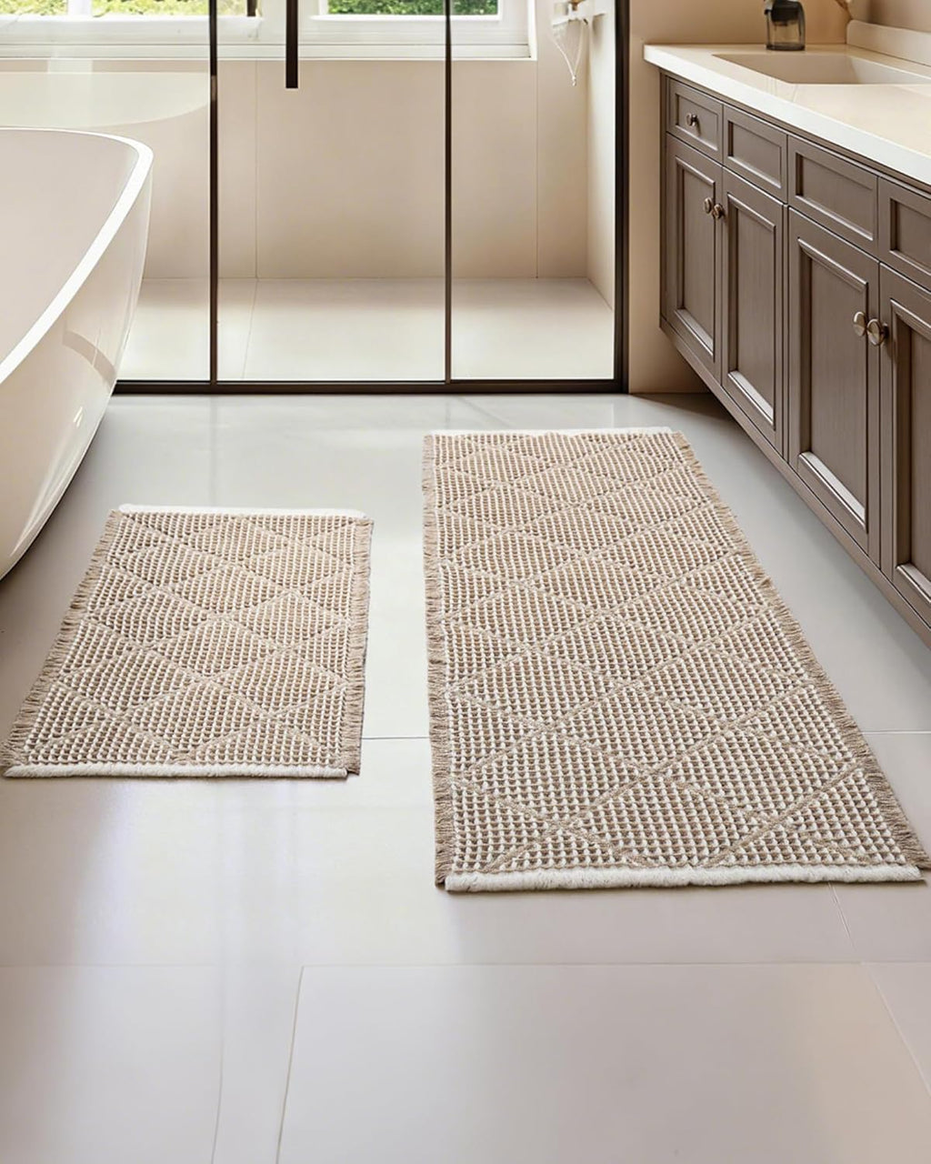 Waffle Bath Mat Set, Non Slip Bathroom Rugs 2 Piece, Brown & White | Ultra Absorbent Long Bath Rug Runner for